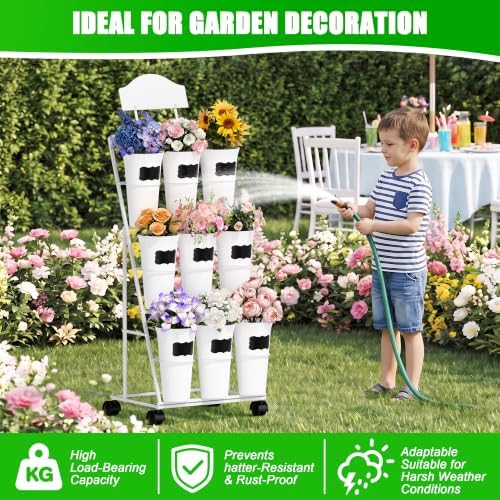 Flower Display Stand with 9 Buckets, White Flower Bar Stand with Wheels, alternate view 4
