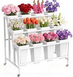 Flower Display Stand with Buckets Bloom Bar Cart with Wheels White