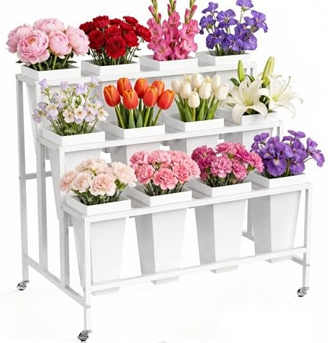 Flower Display Stand with Buckets Bloom Bar Cart with Wheels White