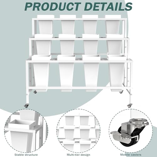 Flower Display Stand with Buckets Bloom Bar Cart with Wheels White, alternate view 4