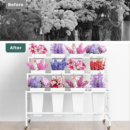 Flower Display Stand with Buckets Bloom Bar Cart with Wheels White, alternate view 5