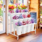 Flower Display Stand with Buckets Bloom Bar Cart with Wheels White, alternate view 7