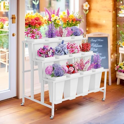 Flower Display Stand with Buckets Bloom Bar Cart with Wheels White, alternate view 7