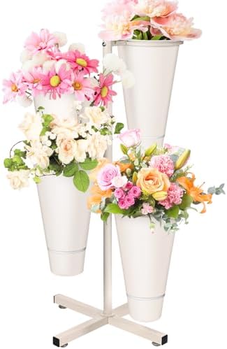 Flower Display Stand with Buckets, Metal Flower Bar Stand in White-round