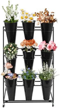 Flower Display Stand With Wheels, 3 Layers Plant Cart with 9PCS Buckets, Heavy Duty Moving Flower Rack for