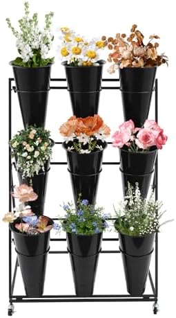 Flower Display Stand With Wheels, 3 Layers Plant Cart with 9PCS Buckets, Heavy Duty Moving Flower Rack for