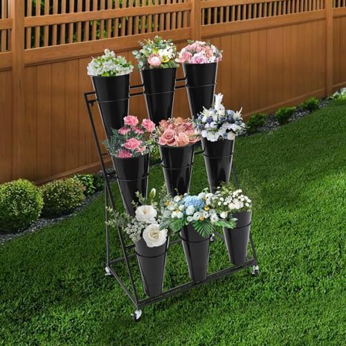 Flower Display Stand With Wheels, 3 Layers Plant Cart with 9PCS Buckets, Heavy Duty Moving Flower Rack for, alternate view 2