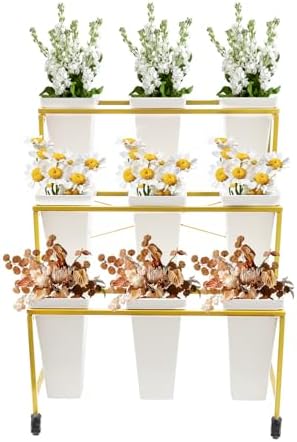 Flower Display Stand With Wheels, 3 Layers Plant Cart with 9PCS Buckets, Heavy Duty Moving Flower Rack for