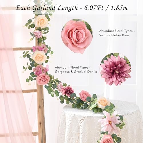 Flower Garland Decorations, 6.07Ft Pink Floral Rose Garland, Artificial Eucalyptus Greenery Vines with Flowers, alternate
