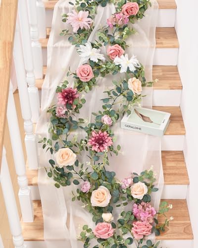Flower Garland Decorations, 6.07Ft Pink Floral Rose Garland, Artificial Eucalyptus Greenery Vines with Flowers, alternate