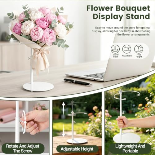 Flower Shop Display Stand, Iron Flower Bouquet Holder with Adjustable Height - 9 Inch White Bouquet Stand for, alternate view
