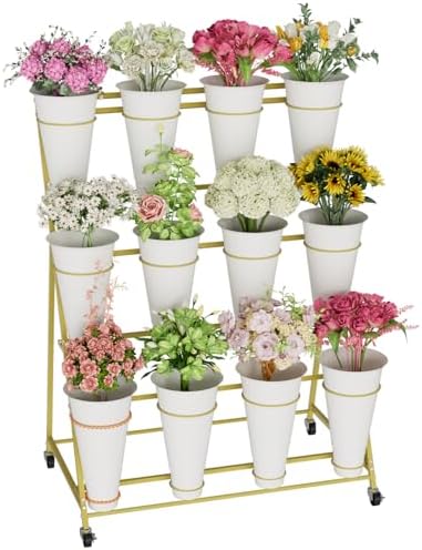 Flower Stand, 3 Tier Flower Display Stand with 12 Buckets, Upgrade Double Circle No Shaking, Outdoor Flower Cart