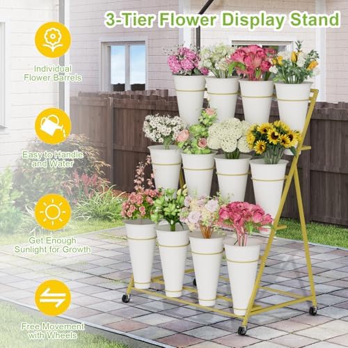 Flower Stand, 3 Tier Flower Display Stand with 12 Buckets, Upgrade Double Circle No Shaking, Outdoor Flower Cart, alternate
