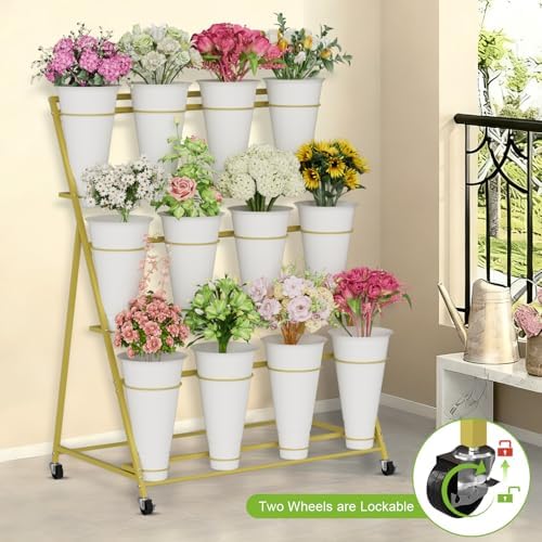 Flower Stand, 3 Tier Flower Display Stand with 12 Buckets, Upgrade Double Circle No Shaking, Outdoor Flower Cart, alternate