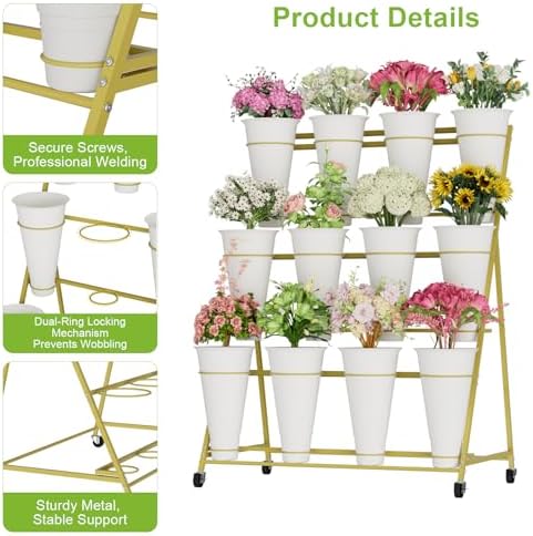 Flower Stand, 3 Tier Flower Display Stand with 12 Buckets, Upgrade Double Circle No Shaking, Outdoor Flower Cart, alternate