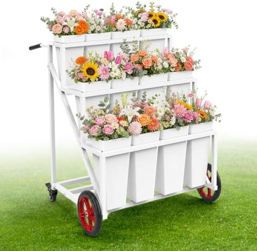 Flower Stand, Heavy Duty Flower Display Cart with Large & Lockable Wheels in White
