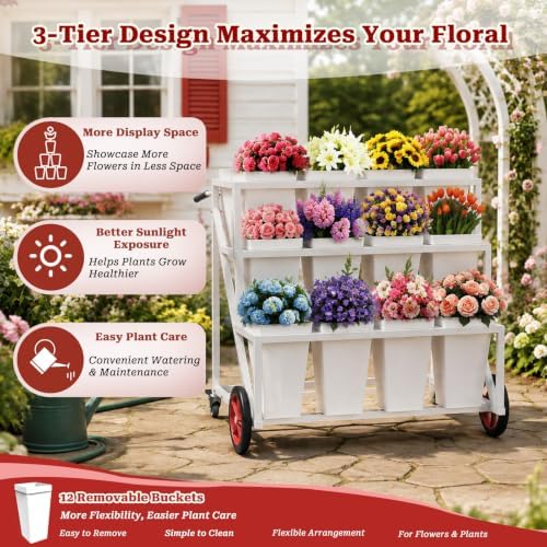 Flower Stand, Heavy Duty Flower Display Cart with Large & Lockable Wheels in White, alternate view 3