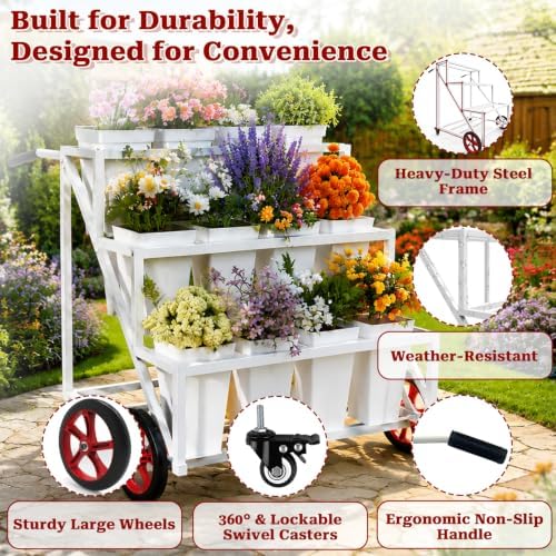 Flower Stand, Heavy Duty Flower Display Cart with Large & Lockable Wheels in White, alternate view 4