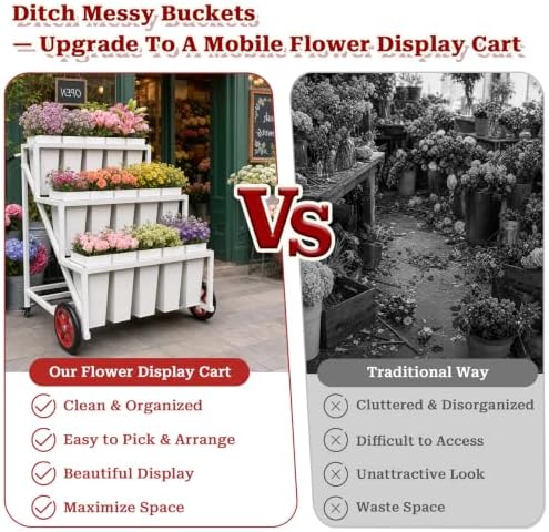Flower Stand, Heavy Duty Flower Display Cart with Large & Lockable Wheels in White, alternate view 5