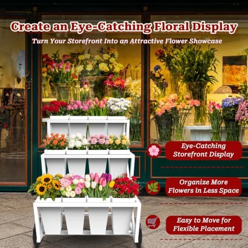 Flower Stand, Heavy Duty Flower Display Cart with Large & Lockable Wheels in White, alternate view 6