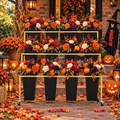 Flower Stand with Buckets, 3 Tier Gold Metal Flower Display Stand with 12 Black Buckets and Wheels, Rolling