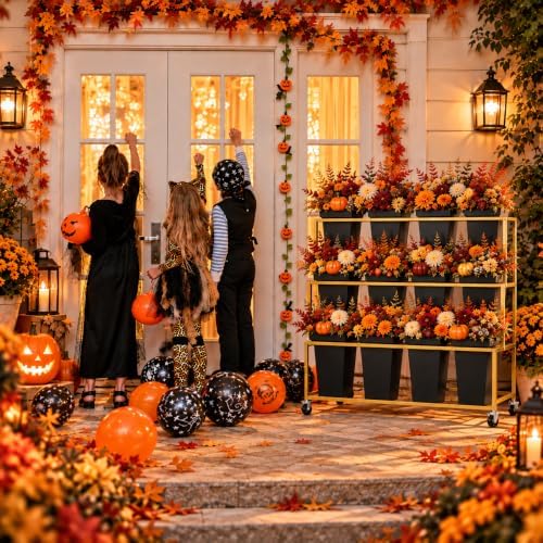 Flower Stand with Buckets, 3 Tier Gold Metal Flower Display Stand with 12 Black Buckets and Wheels, Rolling, alternate view 2