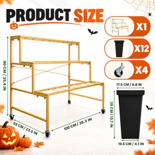 Flower Stand with Buckets, 3 Tier Gold Metal Flower Display Stand with 12 Black Buckets and Wheels, Rolling, alternate view 3