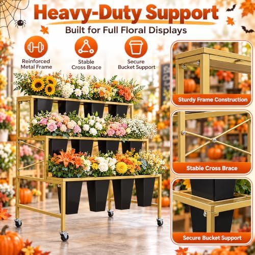 Flower Stand with Buckets, 3 Tier Gold Metal Flower Display Stand with 12 Black Buckets and Wheels, Rolling, alternate view 5