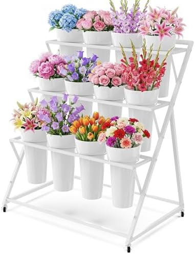 Flower Stand with Buckets Bloom Bar Cart Display with Wheels White