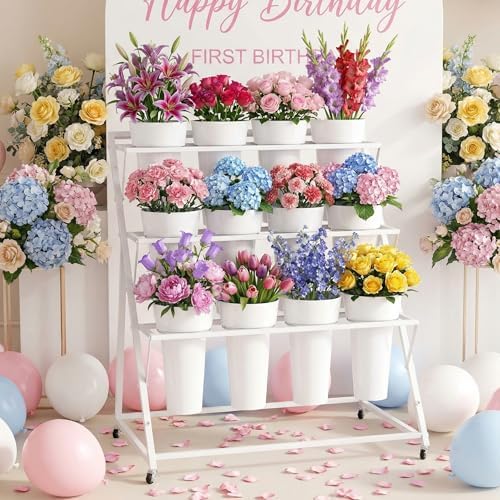 Flower Stand with Buckets Bloom Bar Cart Display with Wheels White, alternate view 2