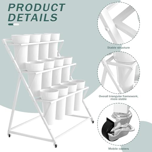 Flower Stand with Buckets Bloom Bar Cart Display with Wheels White, alternate view 5