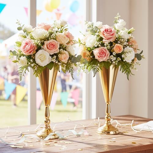 Flower Vases for Centerpiece - 14.4in Metal Wedding Decor Gold Vases, 2pcs in Gold, alternate view 2