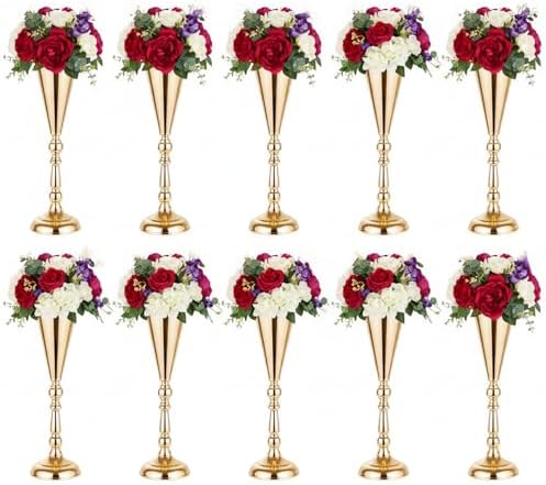 Flower Vases for Centerpieces: 16.7in Metal Wedding Decor Gold Vases, 10pcs in Gold