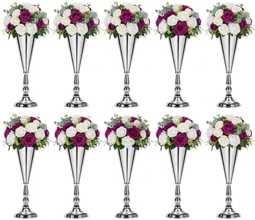 Flower Vases for Tables: 14.4in Metal Wedding Decor Silver Vases, 10pcs in Silver