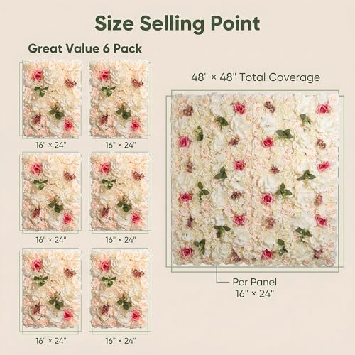 Flower Wall Backdrop 6 Panels 16×24 Inch - Champagne Rose in 16×24 Inch, alternate view 3