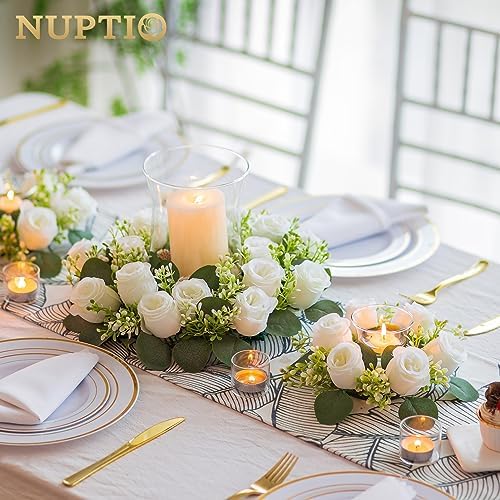 Flower Wedding Centerpieces for Tables - 10 Pcs 14 inch Diam Large White Artificial Flowers Fake Roses Candle, alternate view