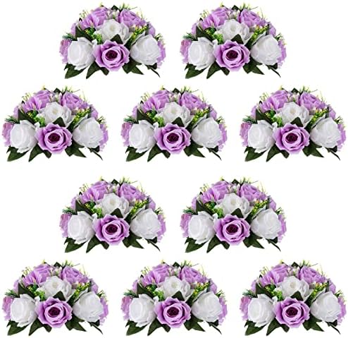 Flower Wedding Centrepieces for Tables - 10 Pcs 9.5in Diameter Lilac & White Artificial Flowers Rose Ball for