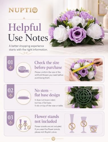 Flower Wedding Centrepieces for Tables - 10 Pcs 9.5in Diameter Lilac & White Artificial Flowers Rose Ball for, alternate view