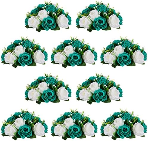 Flower Wedding Centrepieces for Tables - 10 Pcs 9.5in Diameter Teal & White Artificial Flowers Rose Ball for