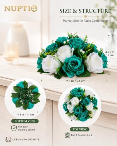 Flower Wedding Centrepieces for Tables - 10 Pcs 9.5in Diameter Teal & White Artificial Flowers Rose Ball for, alternate view