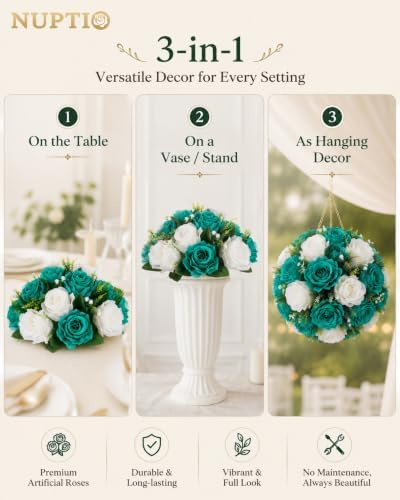 Flower Wedding Centrepieces for Tables - 10 Pcs 9.5in Diameter Teal & White Artificial Flowers Rose Ball for, alternate view