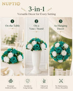 Flower Wedding Centrepieces for Tables - 10 Pcs 9.5in Diameter Teal & White Artificial Flowers Rose Ball for, alternate view