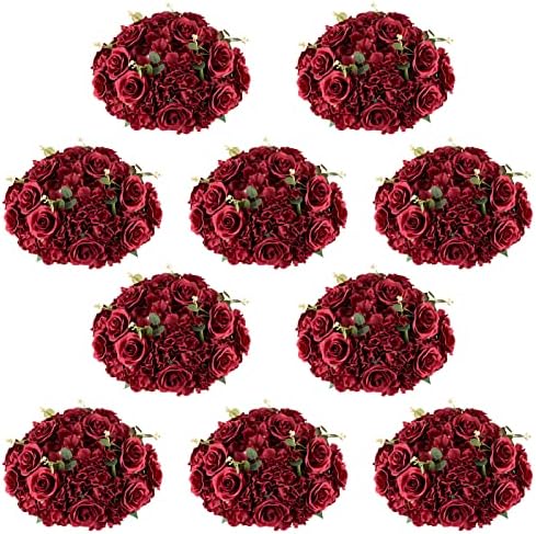Flower Wedding Centrepieces for Tables: 10 Pcs Burgundy Artificial Flowers Roses Balls 14.2 inch Diam for