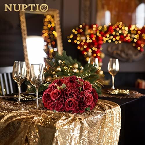 Flower Wedding Centrepieces for Tables: 10 Pcs Burgundy Artificial Flowers Roses Balls 14.2 inch Diam for, alternate view 5