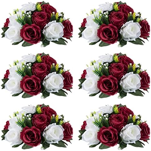 Flower Wedding Centrepieces for Tables - 6 Pcs 9.5in Diameter Burgundy & White Artificial Flowers Rose Ball for