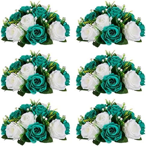 Flower Wedding Centrepieces for Tables - 6 Pcs 9.5in Diameter Teal & White Artificial Flowers Rose Ball for