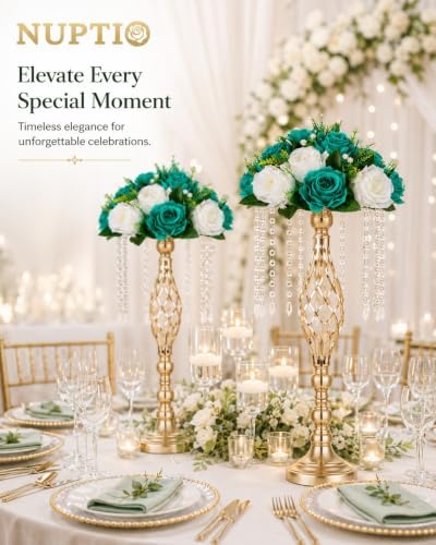 Flower Wedding Centrepieces for Tables - 6 Pcs 9.5in Diameter Teal & White Artificial Flowers Rose Ball for, alternate view 2