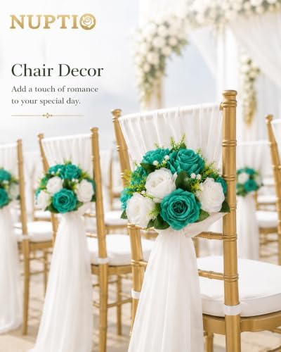 Flower Wedding Centrepieces for Tables - 6 Pcs 9.5in Diameter Teal & White Artificial Flowers Rose Ball for, alternate view 3