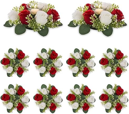 Flower Wreath for Table Centerpieces: 9.05 Inch Small Crimson & White Candle Rings 10 Pcs for Wedding Party