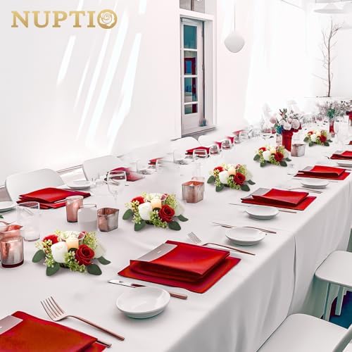 Flower Wreath for Table Centerpieces: 9.05 Inch Small Crimson & White Candle Rings 10 Pcs for Wedding Party, alternate view 2